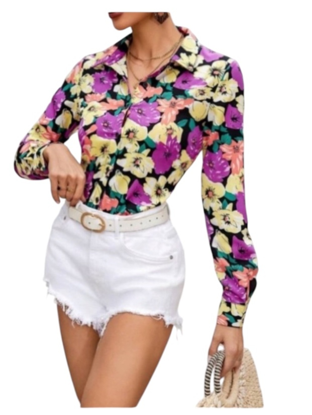 SHEIN VCAY Full Floral Printed Long Sleeve Women'S Shirt size  S new wit…